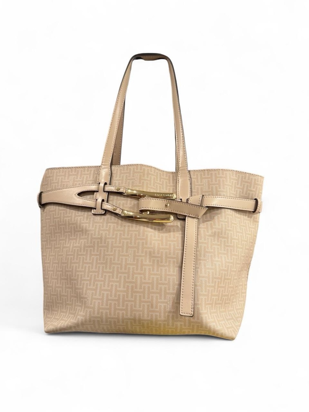 Halston Tasha Signature Logo Monogram Tote Bag - Desert Sand/Cream